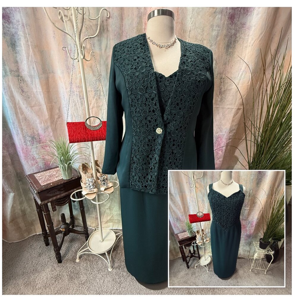 New📌Jean De Lys "Pure Elegance" Formal -Wedding Party Dark Green Dress & Jacket